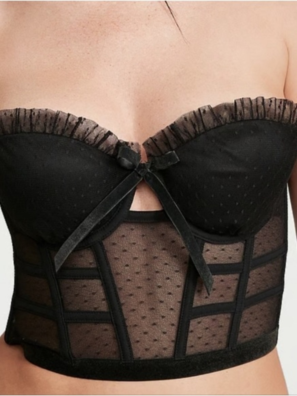 Victoria's Secret Black Sheer Polka-Dot Longline Bustier with Ruffle Trim